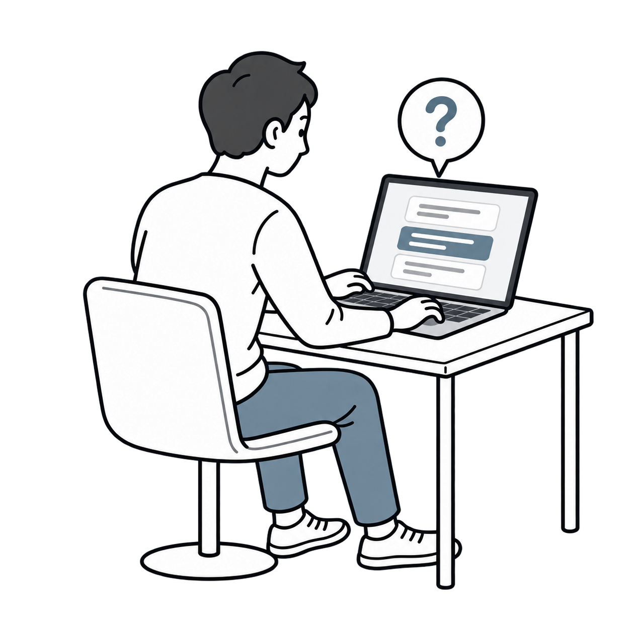 内側の画面にヒントを表示したノートPCに向かい、椅子に座って考える人物を後ろ斜めから見た図