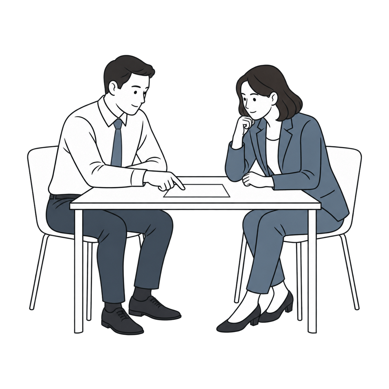 机を挟んで座り、一枚の資料について話し合う二人の人物