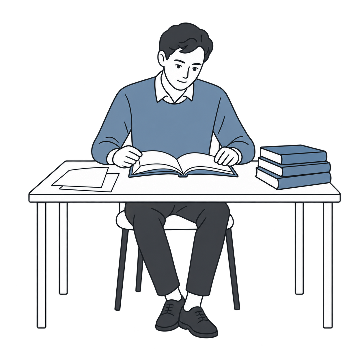 開いた本を読み、机に三冊の本と資料を置いている人物