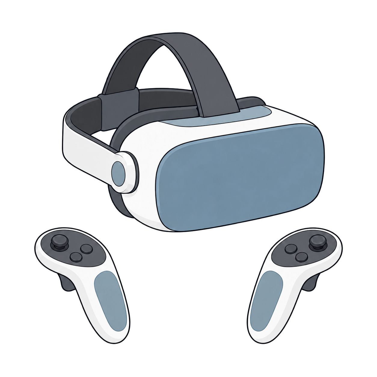 ヘッドストラップ付きのVRヘッドセットとリングなしの左右一対のコントローラ